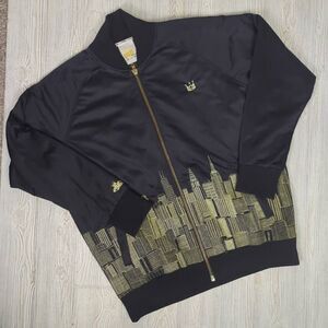 PNB Nation Black Satin Bomber Jacket Gold Thread NYC Skyline Embroidery Size 4XL